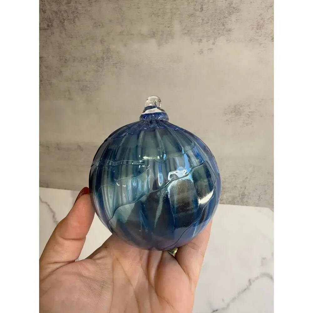 Blue & White Slag Studio Art Glass Ornament | Hand Blown Glass Orb | Swirled